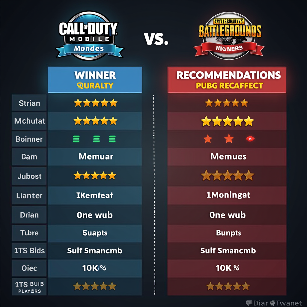 Comparison summary graphic showing winner badges, rating stars, and recommendation categories for both Call of Duty Mobile and PUBG Mobile with visual indicators for different player types