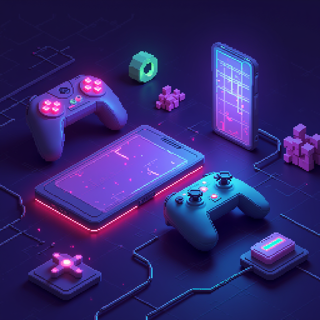 Pixel art style gaming background featuring mobile devices, game controllers, and neon purple and green gaming elements in a modern aesthetic