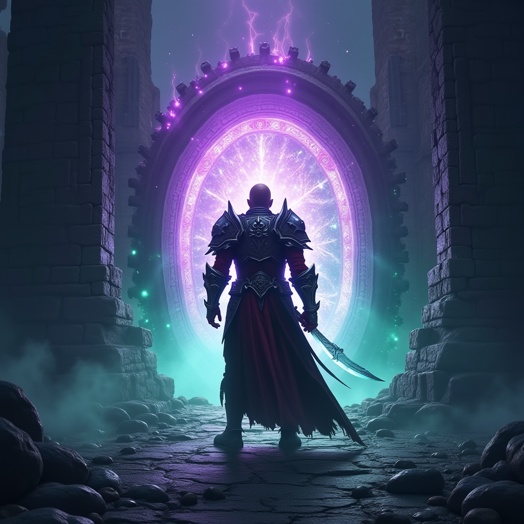 Epic fantasy RPG scene showing a warrior character in detailed armor standing before a mystical portal with glowing purple and green magical effects, representing the immersive world of offline mobile RPG games