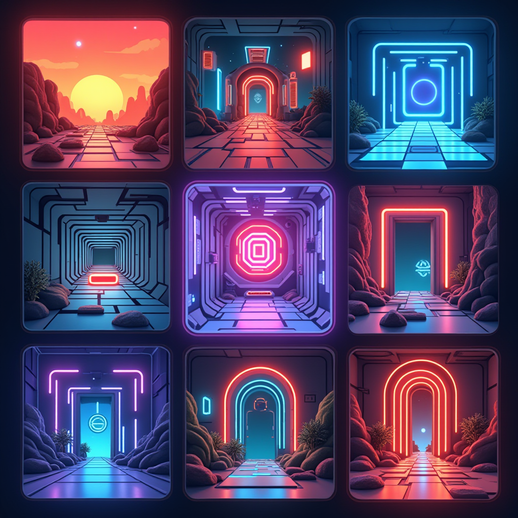 A vibrant collage showcasing various iOS puzzle games including Monument Valley's impossible architecture, The Room's intricate mechanical puzzles, and colorful minimalist brain teasers, all arranged in a dynamic grid layout with glowing neon accents