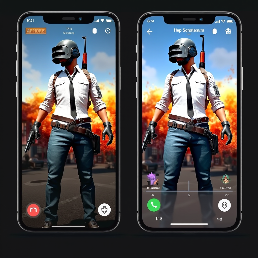 Side-by-side comparison showing Call of Duty Mobile and PUBG Mobile gameplay on modern smartphones, featuring intense combat scenes with vibrant graphics, UI elements, and players in action across different maps