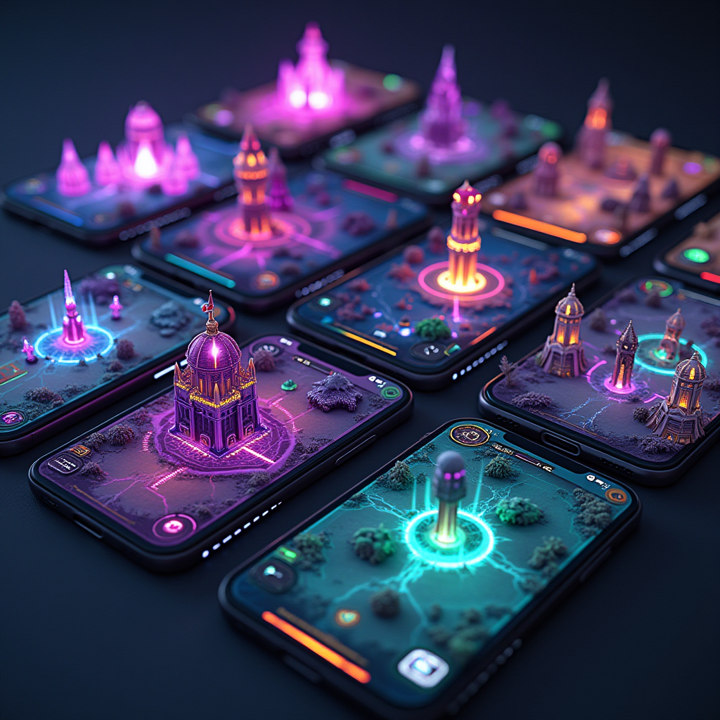 Collection of underrated strategy game screenshots showing tactical RPG battles, tower defense gameplay, and turn-based strategy maps on Android devices with glowing purple and green UI elements