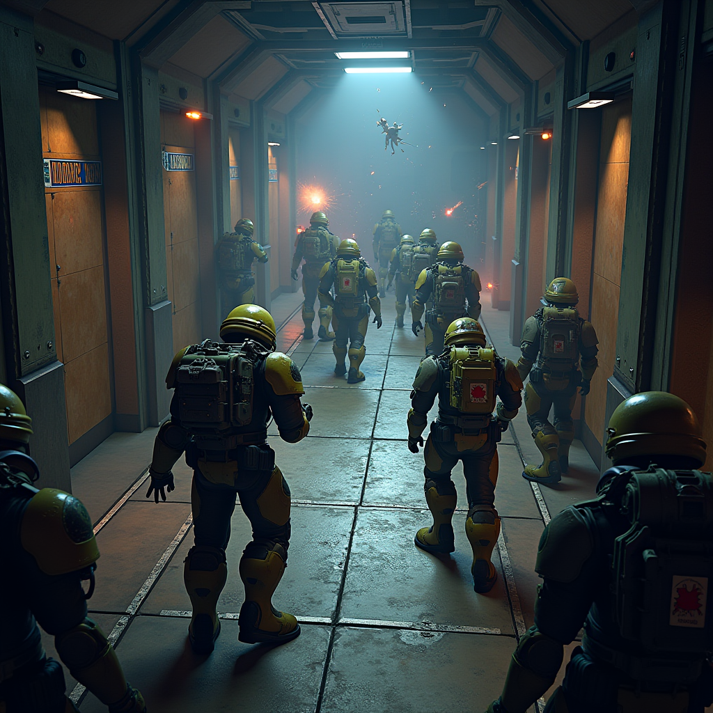 Templar Battleforce RPG gameplay showing a tactical grid-based battle with armored space marines, enemy aliens, and strategic positioning indicators in a sci-fi corridor environment