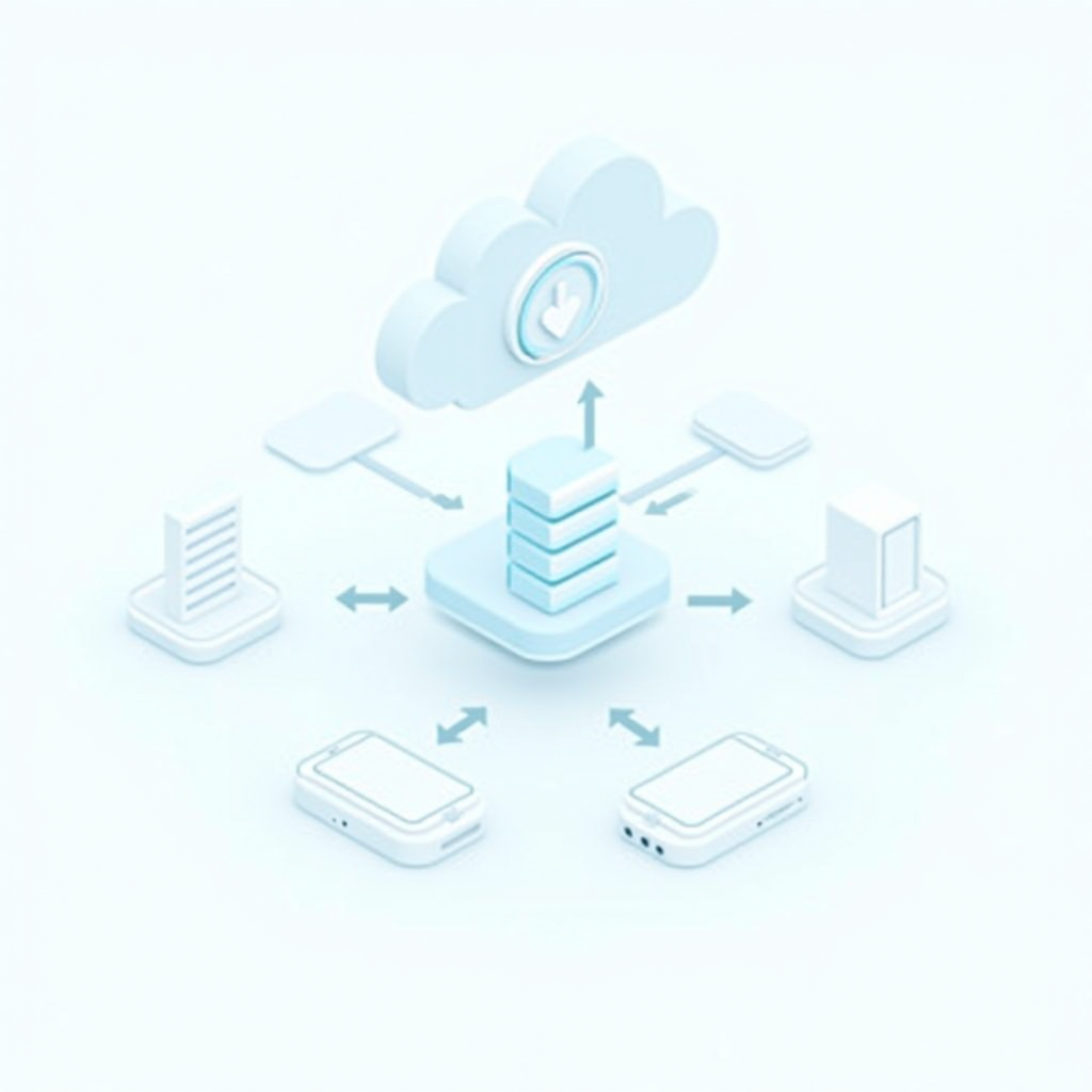 Diagram illustrating cloud save architecture with a central server connecting to multiple mobile devices, showing data synchronization arrows and account authentication symbols