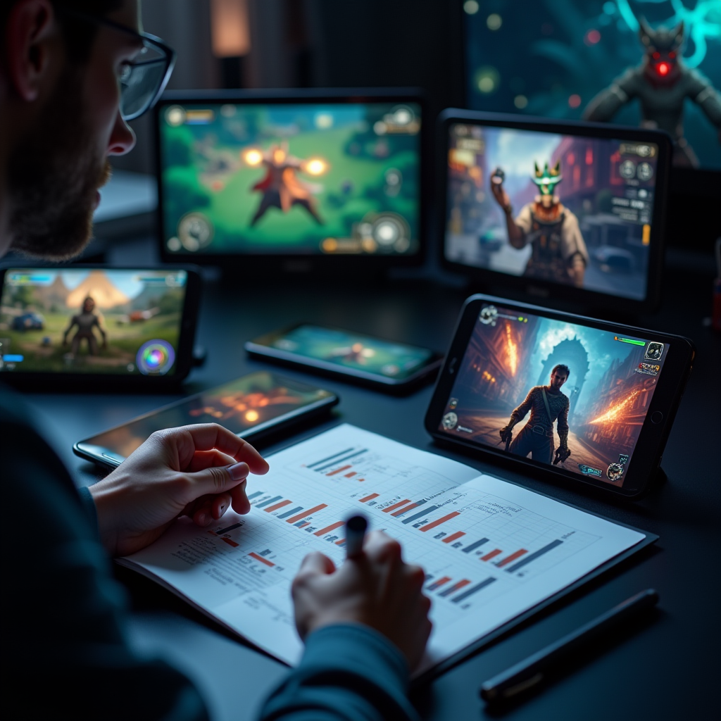 Gaming analyst reviewing mobile games on multiple devices with detailed notes and comparison charts, surrounded by smartphones and tablets displaying various game genres