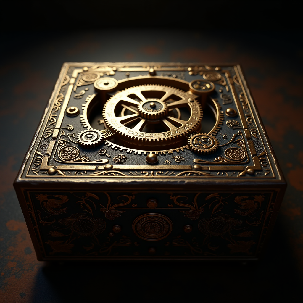 The Room series gameplay showing an intricately detailed mechanical puzzle box with brass gears, ornate engravings, and mysterious symbols, illuminated by dramatic lighting that highlights the photorealistic textures and complex mechanisms