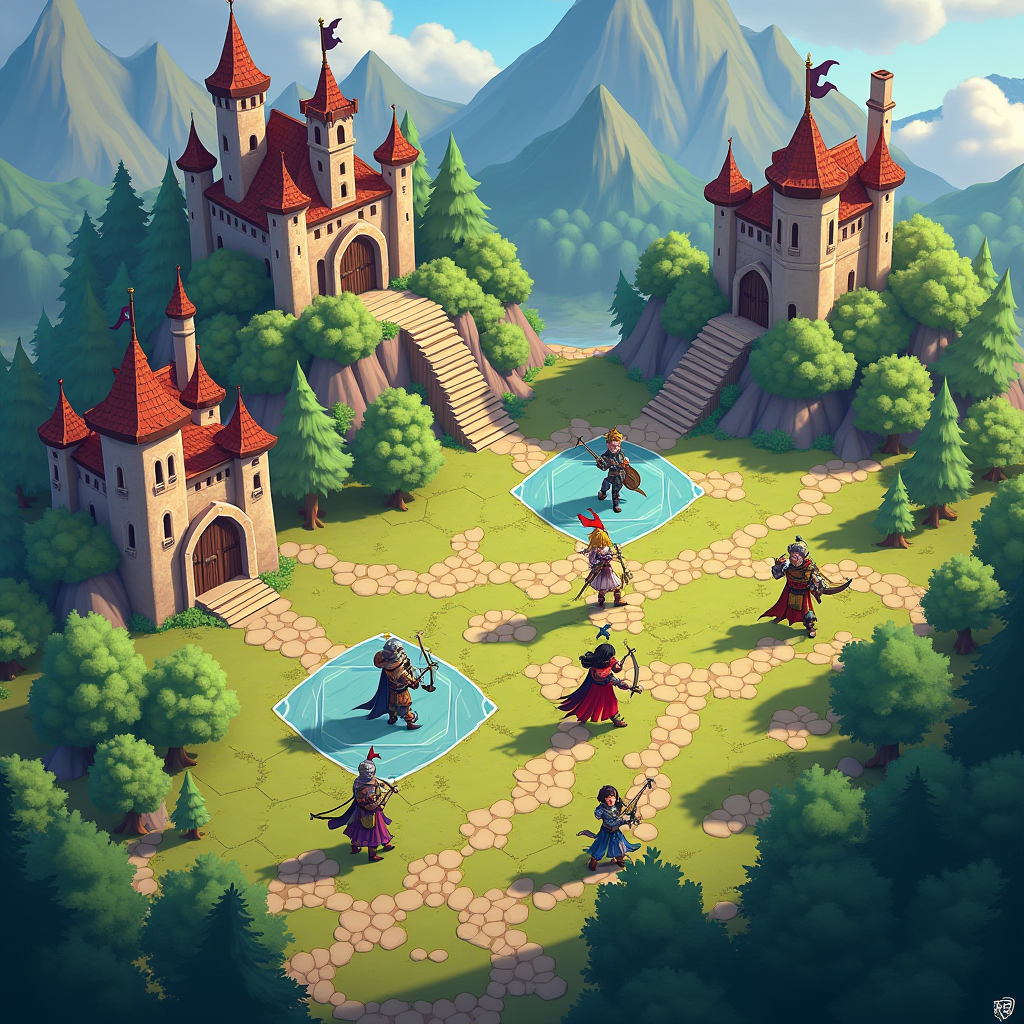 Tactics Maiden RPG showing a colorful fantasy battlefield with knights, mages, and archers positioned on hexagonal tiles with medieval castles and forests in the background