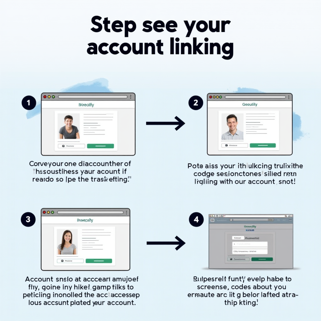 Step-by-step visual guide showing the account linking process with screenshots of login screens, verification codes, and successful connection confirmations