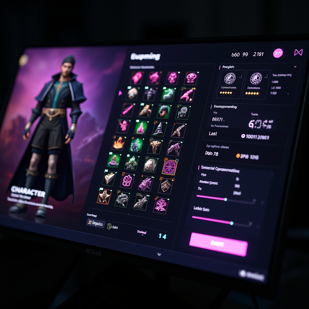 Detailed character customization screen showing various equipment slots, skill trees, and stat allocations with glowing purple and green interface elements representing deep RPG progression systems
