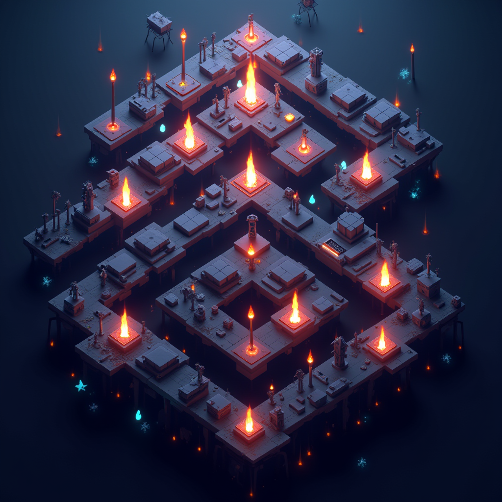 Infinitode 2 gameplay showing an intricate maze of towers with glowing projectiles, endless waves of geometric enemies, and a futuristic minimalist interface with upgrade menus