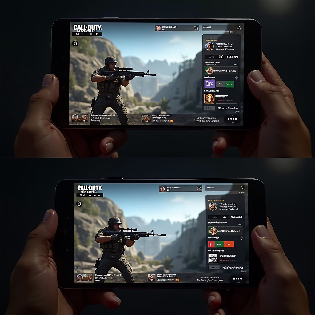 Screenshot montage showing Call of Duty Mobile running on both Android and iOS devices side by side, displaying identical player profiles, weapon loadouts, and rank progression with Activision account linking interface visible