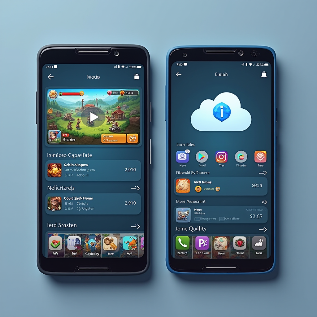 Android and iOS devices side by side showing synchronized game progress, cloud save icons, unified account systems, and seamless cross-platform gameplay across multiple mobile games