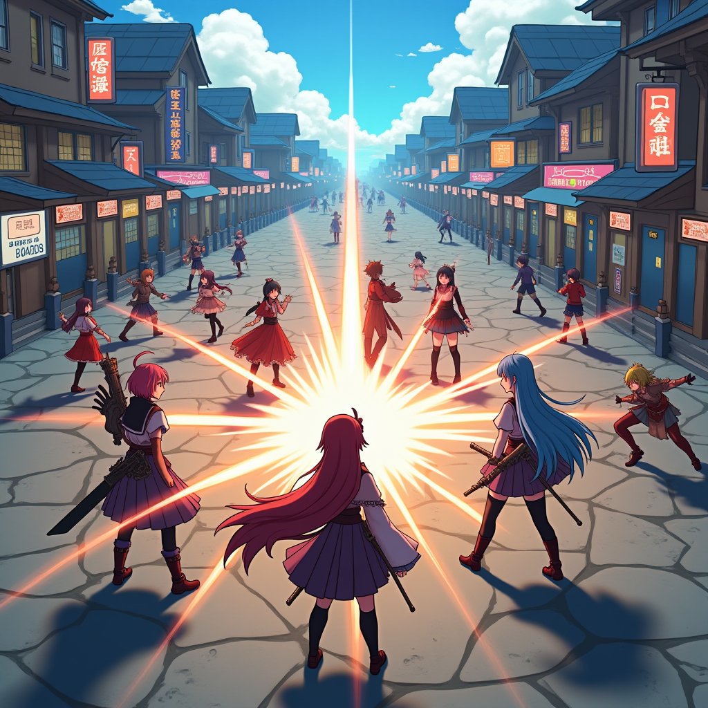 Turn-based JRPG battle scene showing anime-style characters in combat formation with colorful attack animations, health bars, and command menus displaying the classic Japanese RPG battle interface