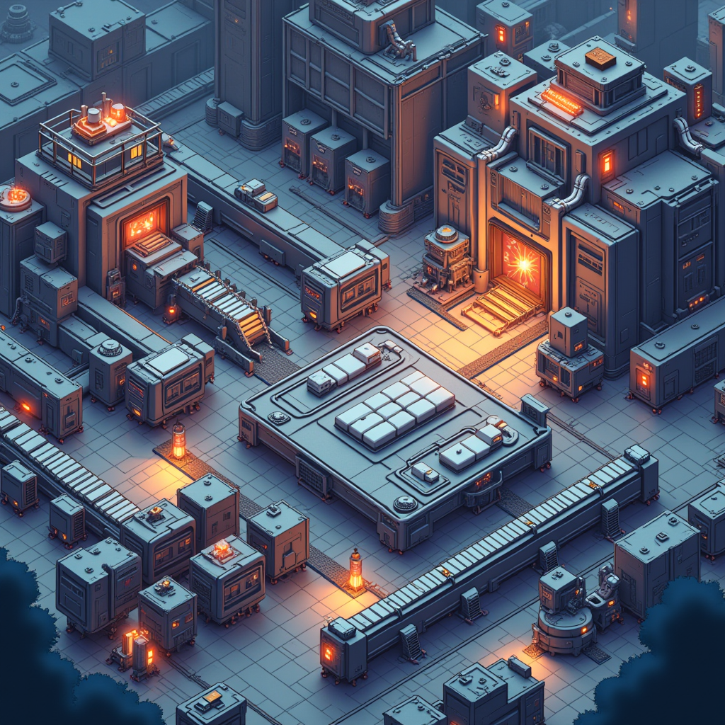 Mindustry gameplay showing a complex factory setup with conveyor belts, resource processing chains, defensive turrets, and automated production lines in a top-down pixel art style