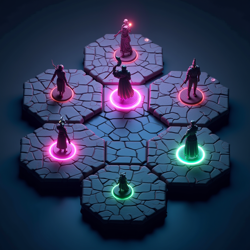 Isometric tactical RPG battle grid showing character units positioned strategically on hexagonal tiles with movement ranges and attack indicators highlighted in glowing purple and green