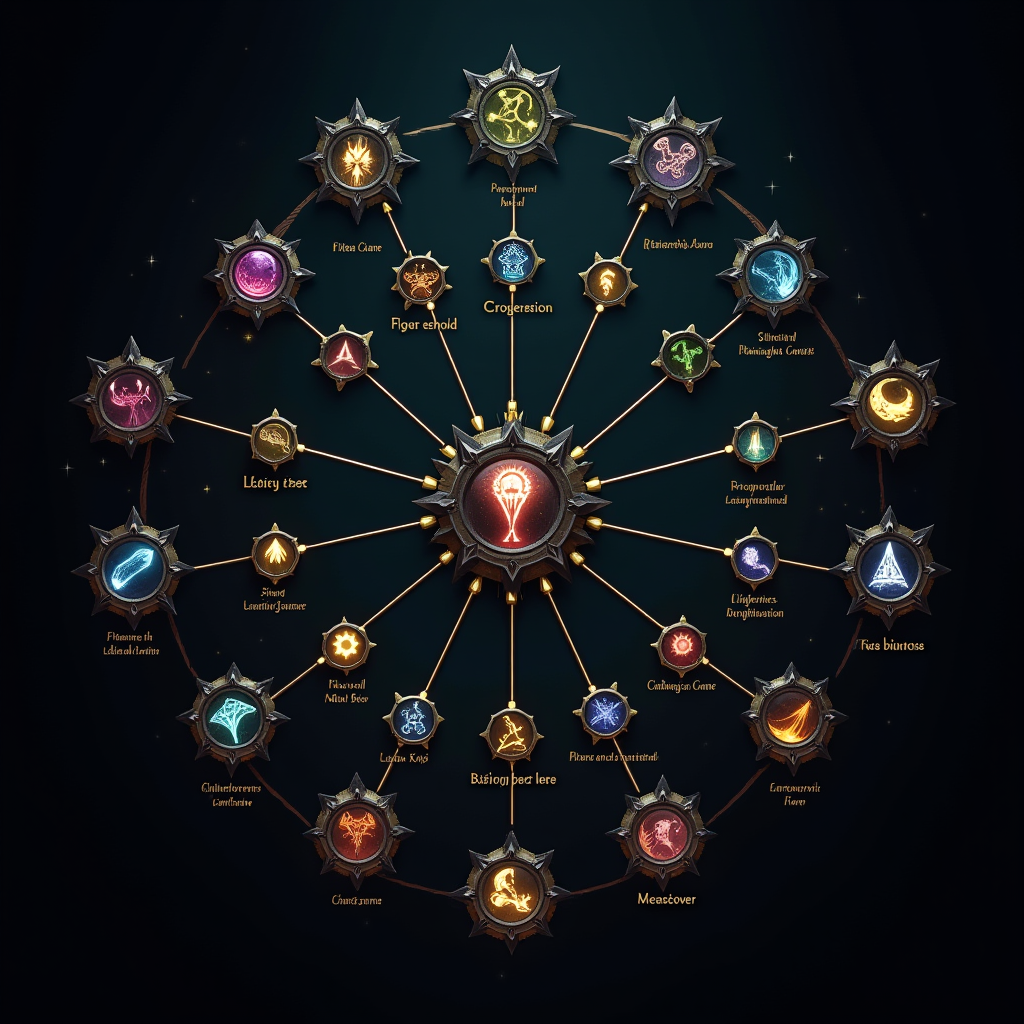 Complex skill tree interface displaying branching character progression paths with interconnected nodes, ability icons, and stat bonuses in a fantasy-themed design with glowing connections