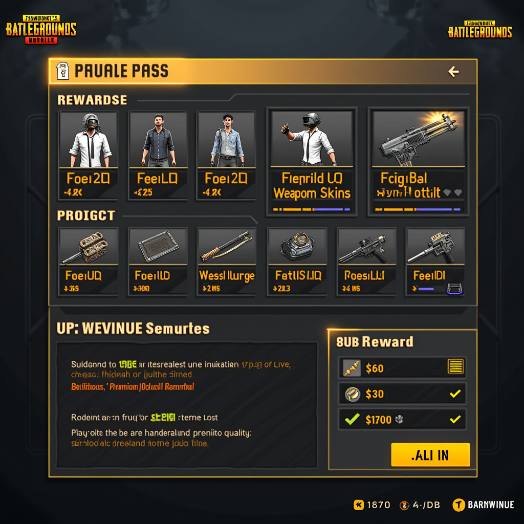 PUBG Mobile Royale Pass screen displaying reward tiers, exclusive outfits, weapon skins, emotes, and UC currency rewards with animated preview of premium items