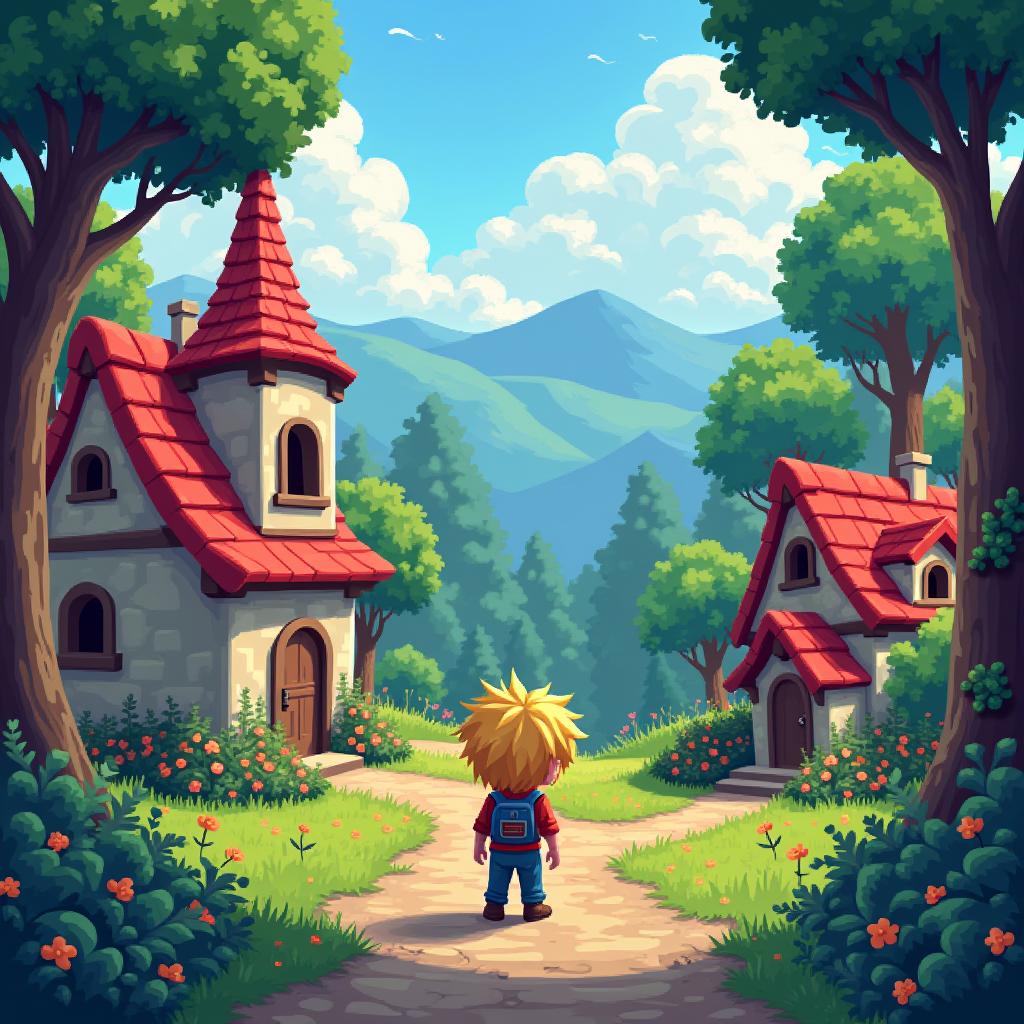Charming pixel art RPG scene showing a retro-styled character exploring a colorful fantasy village with detailed sprite work, reminiscent of classic 16-bit era games with modern polish and lighting effects