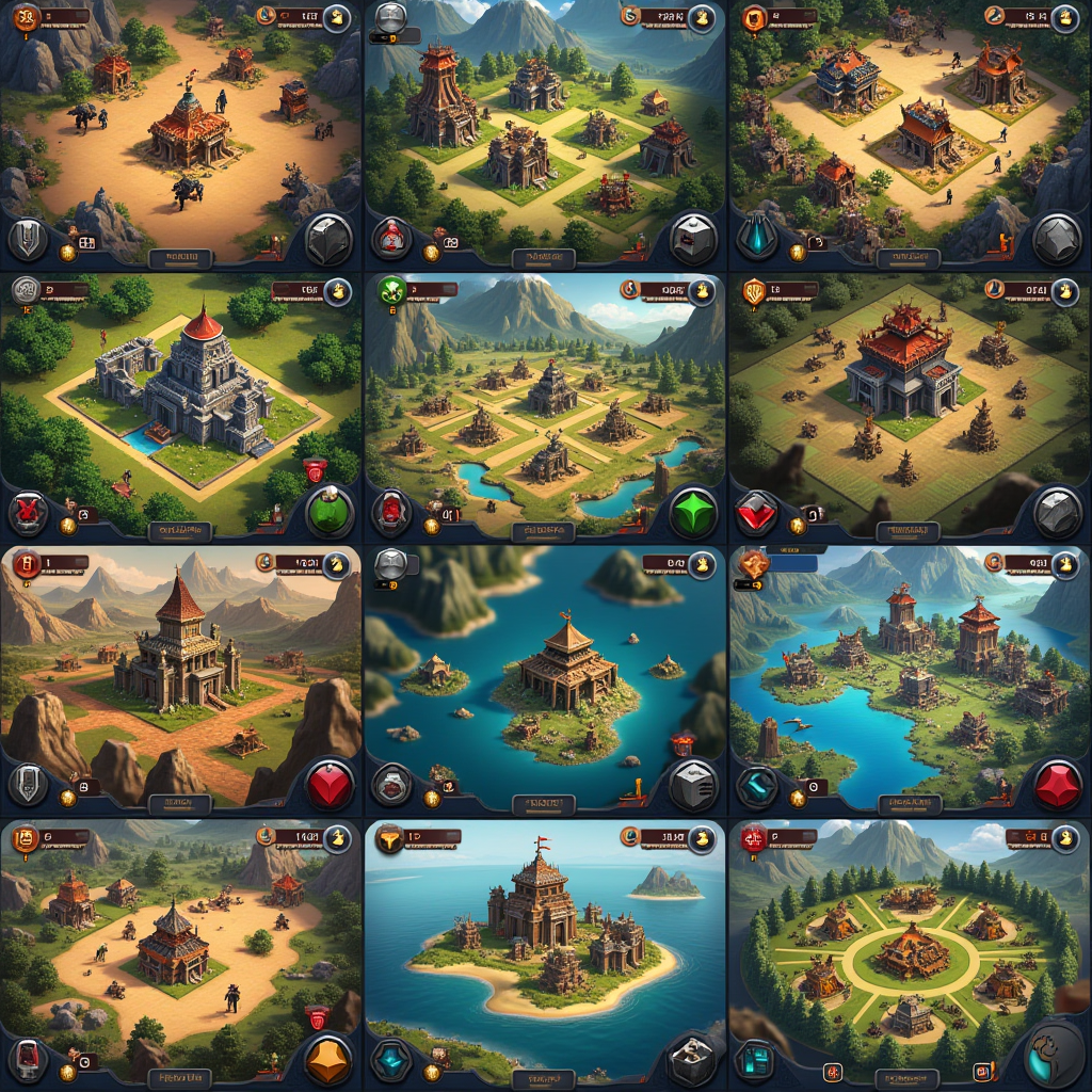 Collage of various strategy game screenshots showing tactical battles, base building, civilization management, and tower defense gameplay on mobile devices