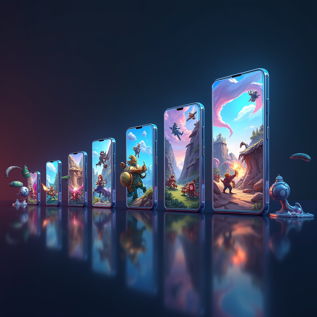 Evolution of mobile gaming showing progression from simple 2D games to modern 3D graphics with stunning visual effects and complex gameplay on latest smartphones