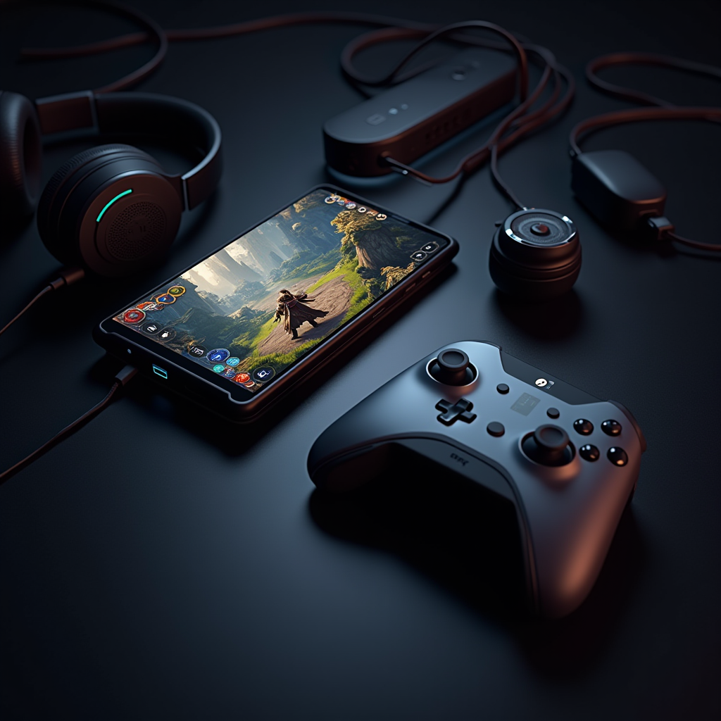 Modern mobile gaming setup showing an Android phone displaying an RPG game on its screen, surrounded by gaming accessories like a controller and headphones, representing the complete mobile RPG experience
